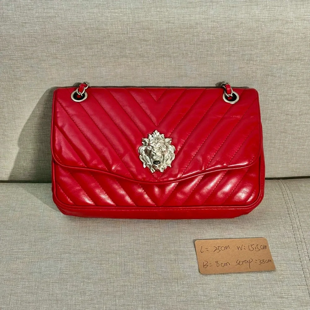 CHANEL Red Lambskin Chevron Flap Bag SHW Lion Hardware - Picture 2 of 16
